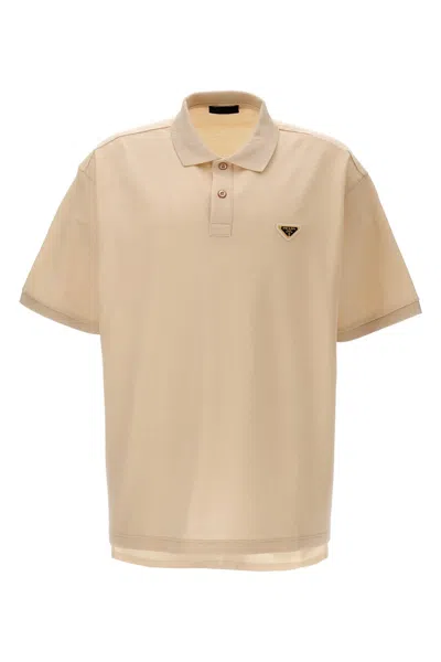 Shop Prada Men Triangle Logo Polo Shirt In Cream