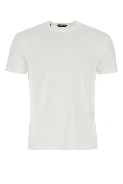 Tom Ford White Crewneck T-shirt With Tf Embroidery In Lyocell And Cotton Blend Man In White