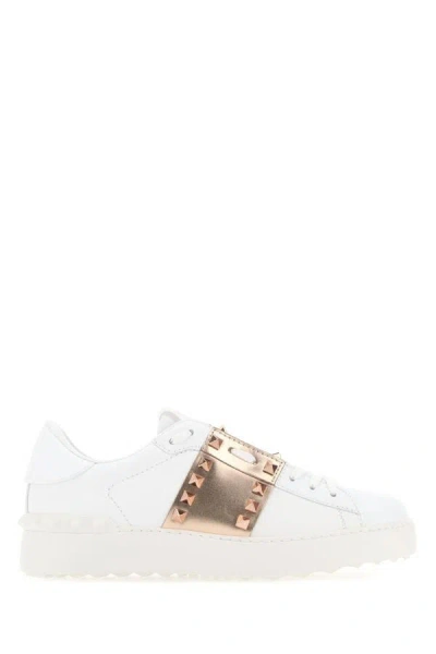 Shop Valentino Garavani Woman White Leather Rockstud Untitled Sneakers With Gold Rose Band