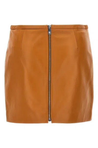 Shop Versace Women Mini Leather Skirt In Brown