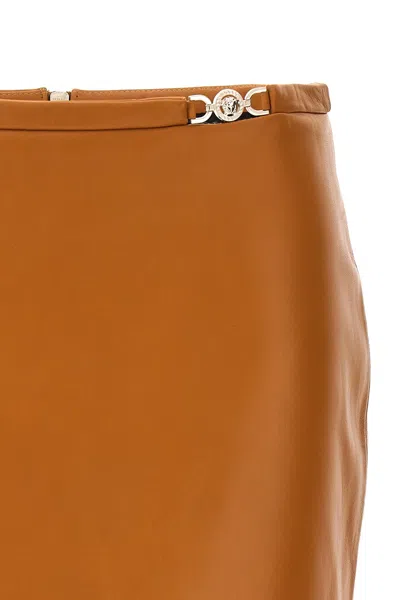 Shop Versace Women Mini Leather Skirt In Brown