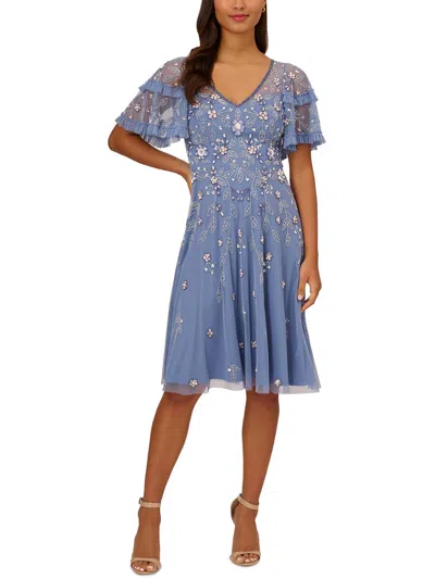 ADRIANNA PAPELL WOMENS RUFFLE TRIM MESH EVENING DRESS 