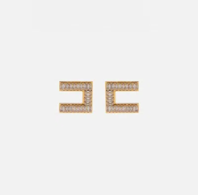 Shop Elisabetta Franchi Golden Logo Rhinestone Earrings In 金的