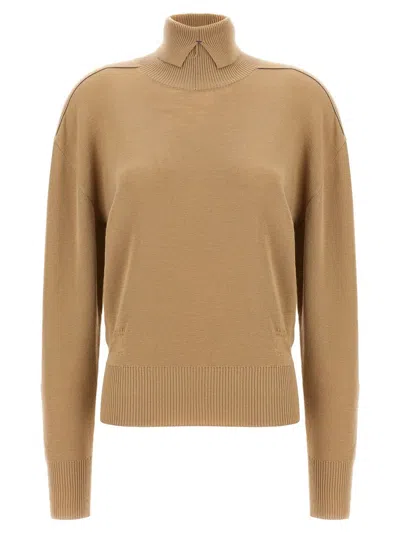 Burberry High-neck Wool Sweater With Logo Intarsia In Beige