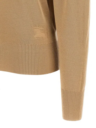 Burberry High-neck Wool Sweater With Logo Intarsia In Beige