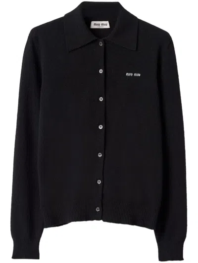 Shop Miu Miu Intarsia-knit Logo Cashmere Cardigan In Black