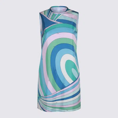 Shop Pucci Blue And Multicolor Silk Mini Dress In Celeste/bianco