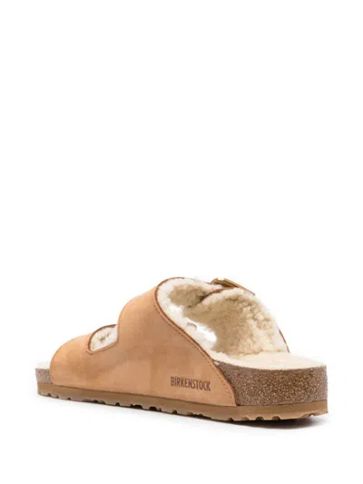 Shop Birkenstock Arizona Bold Shearling With Natural Leather Shoes In Brown