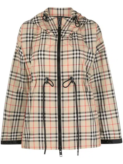 Shop Burberry Check Motif Hooded Jacket In Beige