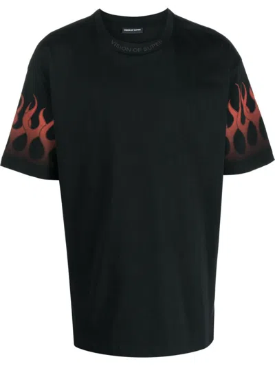 Shop Vision Of Super Cotton T-shirt With Flame Print On The Sleeves In Black