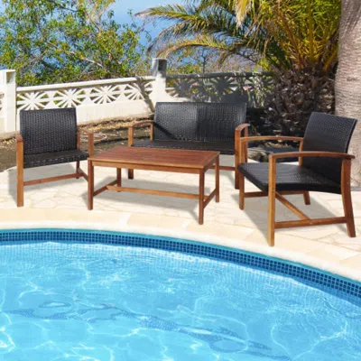Hivvago 4 Pieces Pe Rattan Patio Furniture Set With Solid Acacia Wood