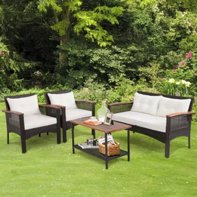 Hivvago 4 Pieces Patio Rattan Acacia Wood Furniture Set With Cushions And Armrest