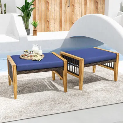 Hivvago Patio Acacia Wood Ottomans With Cushions And Versatile Rattan Woven Footstools-navy