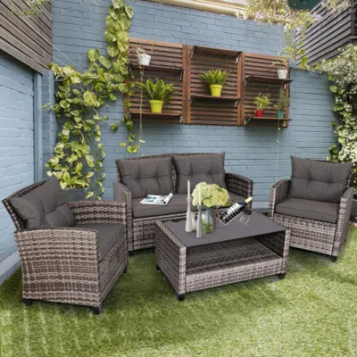 Hivvago 4 Pieces Patio Rattan Furniture Set Coffee Table Cushioned Sofa-navy