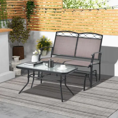 Hivvago Outdoor Gliding Loveseat Chair With Tempered Glass Coffee Table-2 Pieces