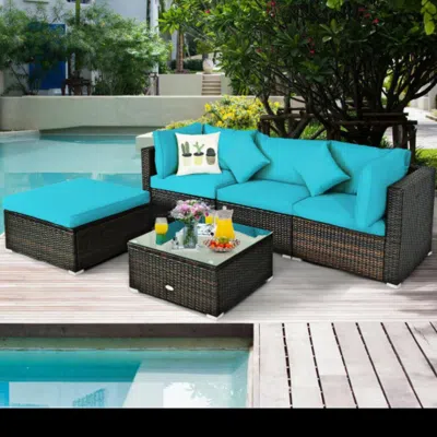 Hivvago 5 Pcs Outdoor Patio Rattan Furniture Set Sectional Conversation With Navy Cushions-navy