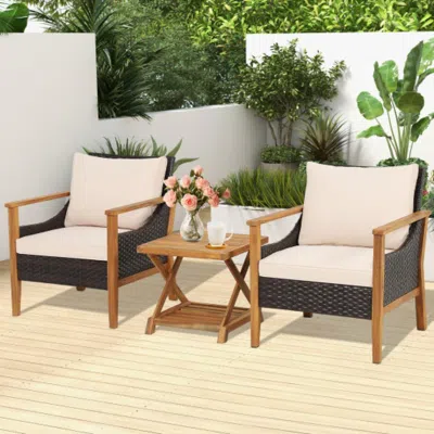 Hivvago 3 Pieces Patio Wicker Furniture Set With 2-tier Side Table And Cushioned Armchairs-natural