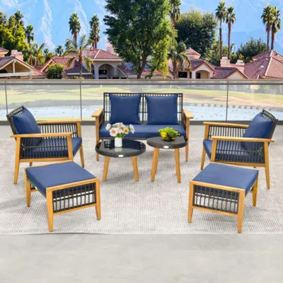 Hivvago 7 Piece Outdoor Conversation Set With Stable Acacia Wood Frame Cozy Seat & Back Cushions-navy