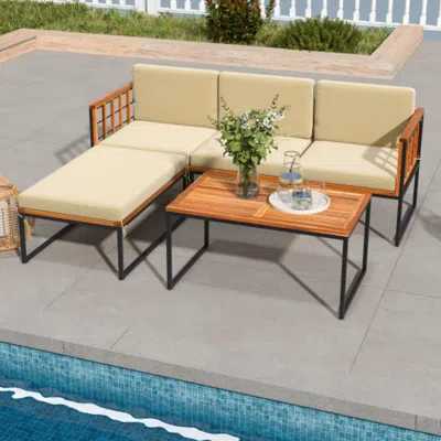 Hivvago 5 Pieces Patio Furniture Set Acacia Wood Sectional Set With Heavy-duty Metal Frame-beige