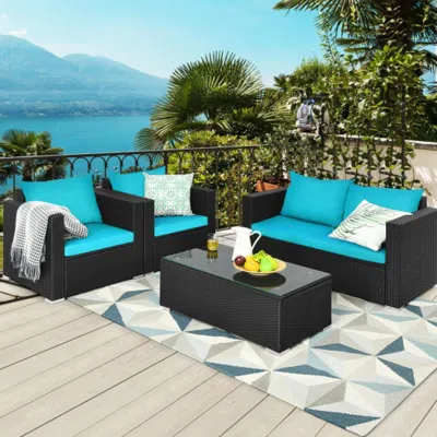 Hivvago 4pcs Patio Rattan Cushioned Furniture Set-turquoise