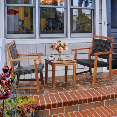 Hivvago 3 Pieces Rattan Bistro Set With Acacia Wood Frame For Garden