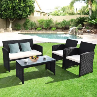 Hivvago 4 Pieces Rattan Patio Furniture Set With Weather Resistant Cushions And Tempered Glass Tabletop-navy