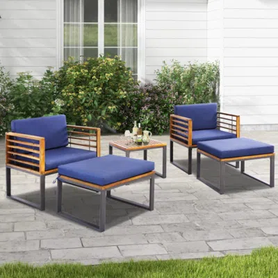 Hivvago 5 Piece Patio Acacia Wood Chair Set With Ottomans And Coffee Table-navy