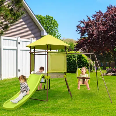 Hivvago 4-in-1 Swing Set With Covered Playhouse Fort And Height Adjustable Baby Seat-green