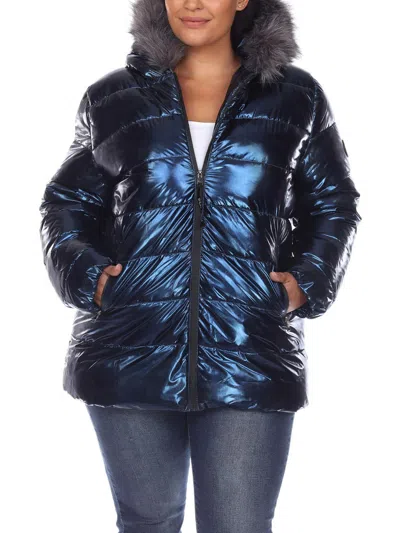 White Mark Plus Size Metallic Puffer Coat With Hoodie In Blue