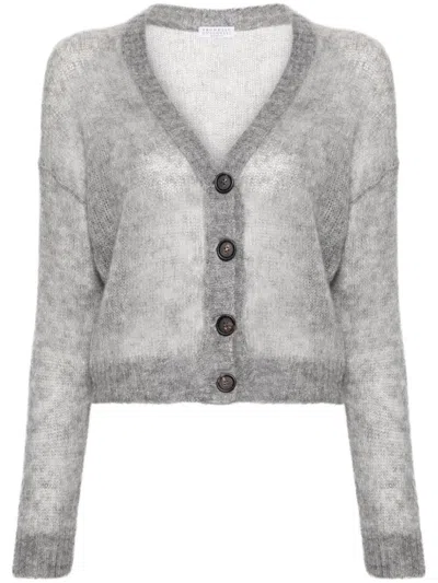 Shop Brunello Cucinelli Mohair Wool Cardigan With Shiny Details In Grey
