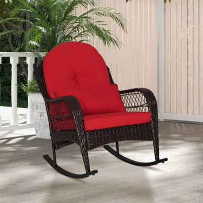 Hivvago Patio Rattan Rocking Chair With Seat Back Cushions And Waist Pillow-red