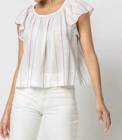 Lilla P Shirred Short Sleeve Raglan Top In Multi Stripe In White