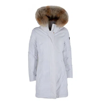 Yes Zee Chic White Down Jacket With Fur-trimmed Hood In White