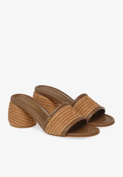 Gianvito Rossi Leather-trimmed Raffia Mules In Brown