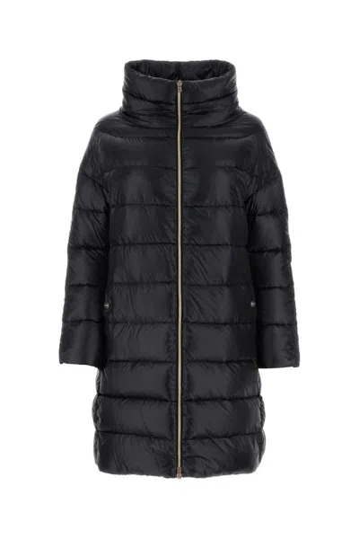 Herno Matilde Hooded Long Length Shiny Finish Quilted Jacket In Black