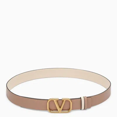 Shop Valentino Reversible Leather Belt, Ivory And Pink, Vlogo Signature Buckle, Adjustable Size In Tan