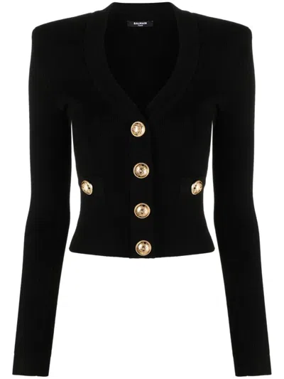 Balmain Button-embellished Ribbed-knit Cardigan In Black