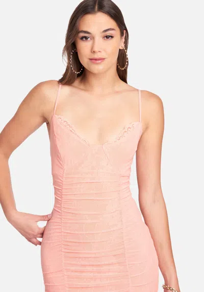Bebe Ruched Lace And Mesh Dress In Peach Parfait