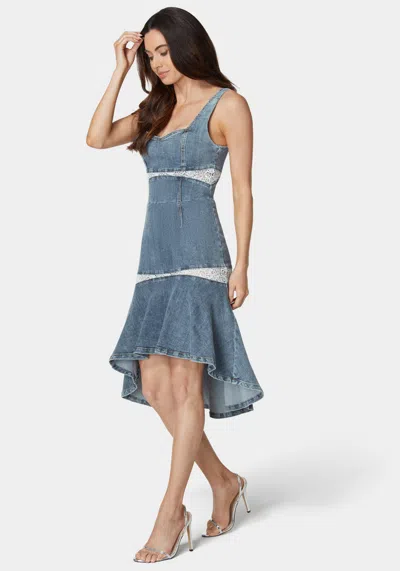 Shop Bebe Lace Insert High Low Denim Dress In River Blue Wash