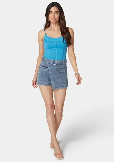 Bebe Belted Patch Pocket Mini Denim Skort In Medium Blue Wash
