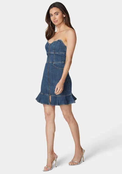 Bebe Scalloped Neckline Zip Up Denim Dress In True Blue Wash