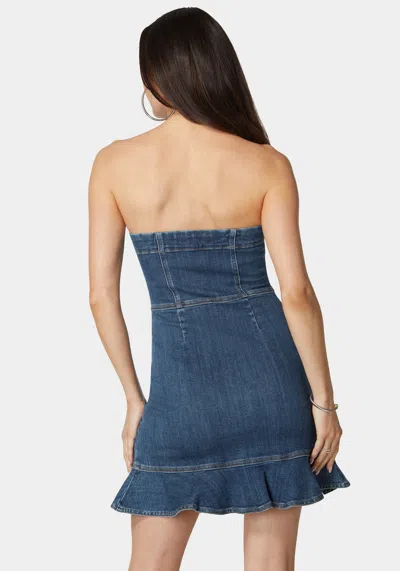 Bebe Scalloped Neckline Zip Up Denim Dress In True Blue Wash