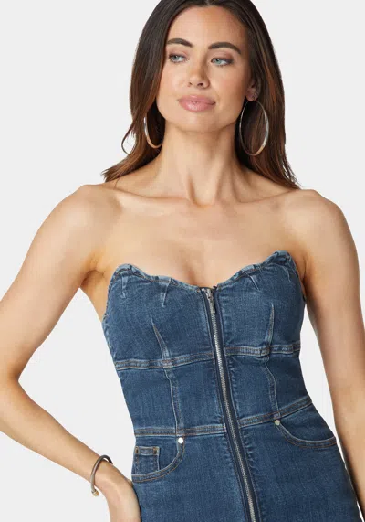 Bebe Scalloped Neckline Zip Up Denim Dress In True Blue Wash