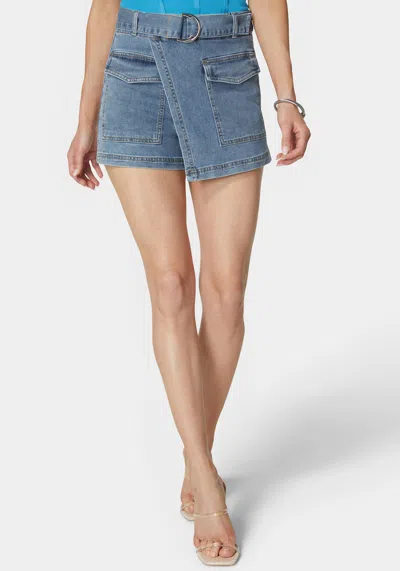Bebe Belted Patch Pocket Mini Denim Skort In Medium Blue Wash