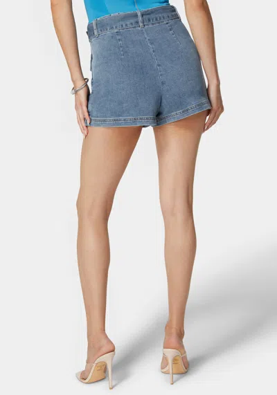 Bebe Belted Patch Pocket Mini Denim Skort In Medium Blue Wash