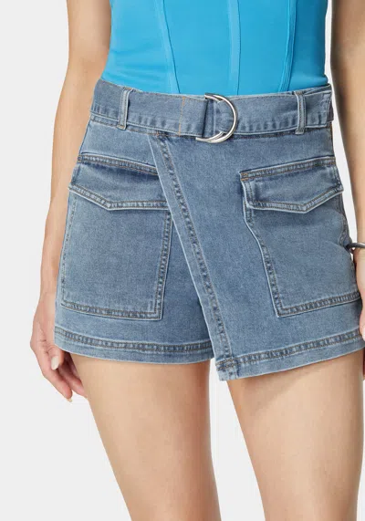 Bebe Belted Patch Pocket Mini Denim Skort In Medium Blue Wash