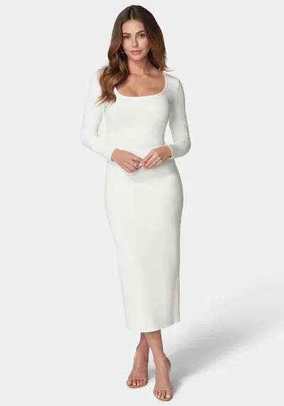 Bebe Rib Square Neck Long Sleeve Dress In White