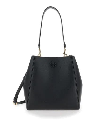 Tory Burch Black Bucket Bag With Tonal Logo In Leather Woman In Black