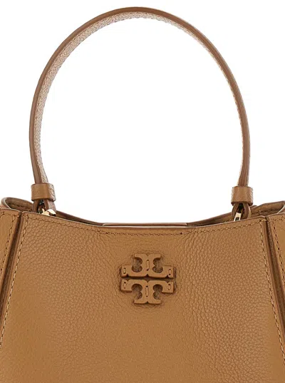 Shop Tory Burch 'mcgraw Small' Beige Bucket Bag With Double T In Hammered Leather Woman