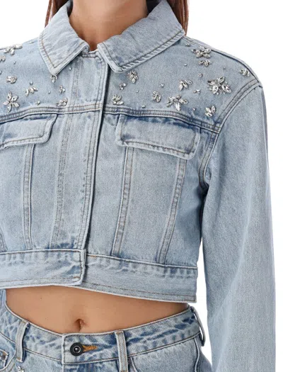 Shop Self-portrait Denim Cropped Jacket Crystal In Blue